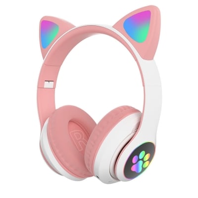 Căști wireless pentru copii CAT STN-28, 400 mAh, iluminare din spate LED, Bluetooth 5.0, design ergonomic, roz